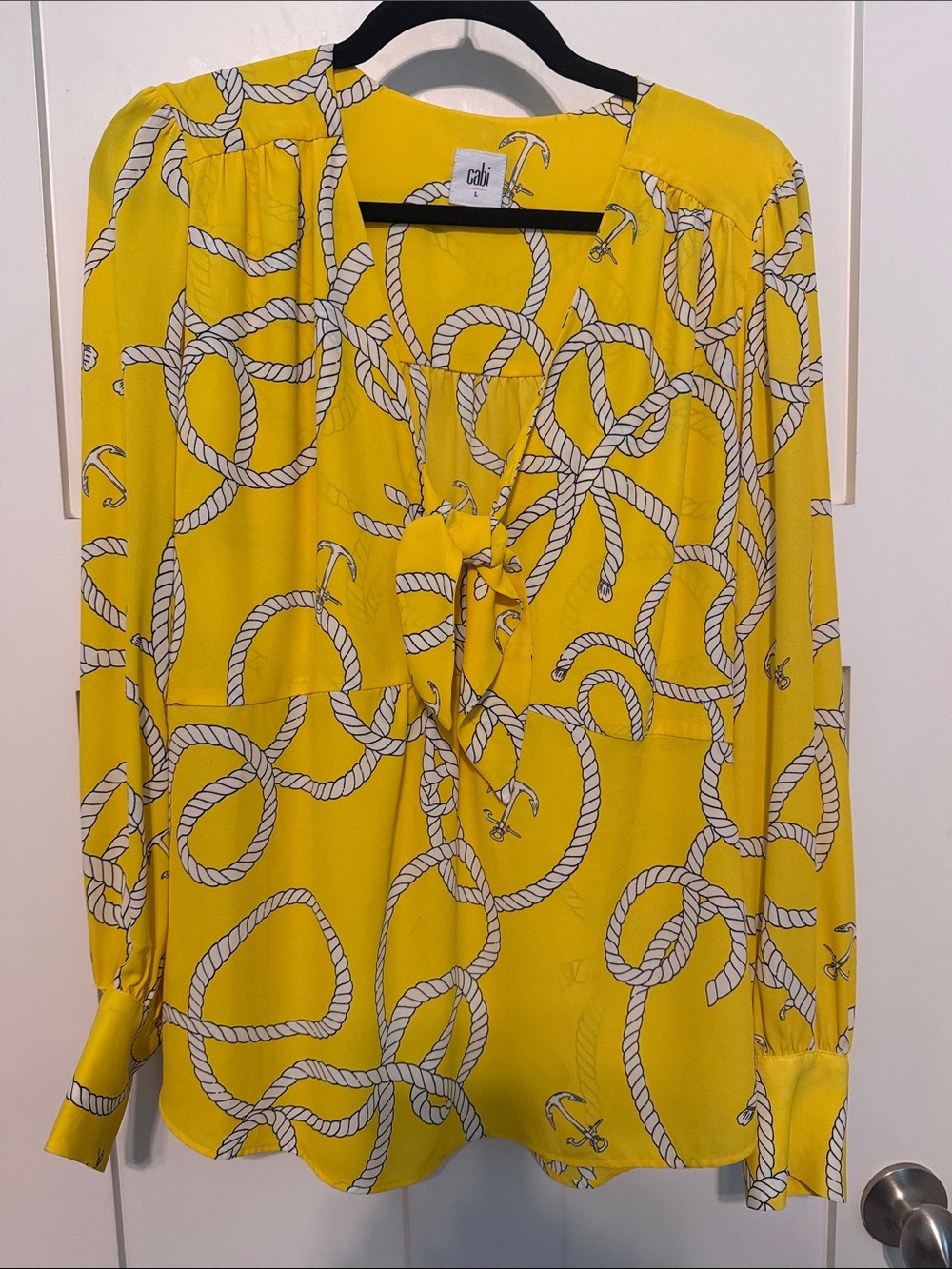 CAbi Bright Yellow Nautical Coastal Rope Print Tie-Neck Blouse size Large